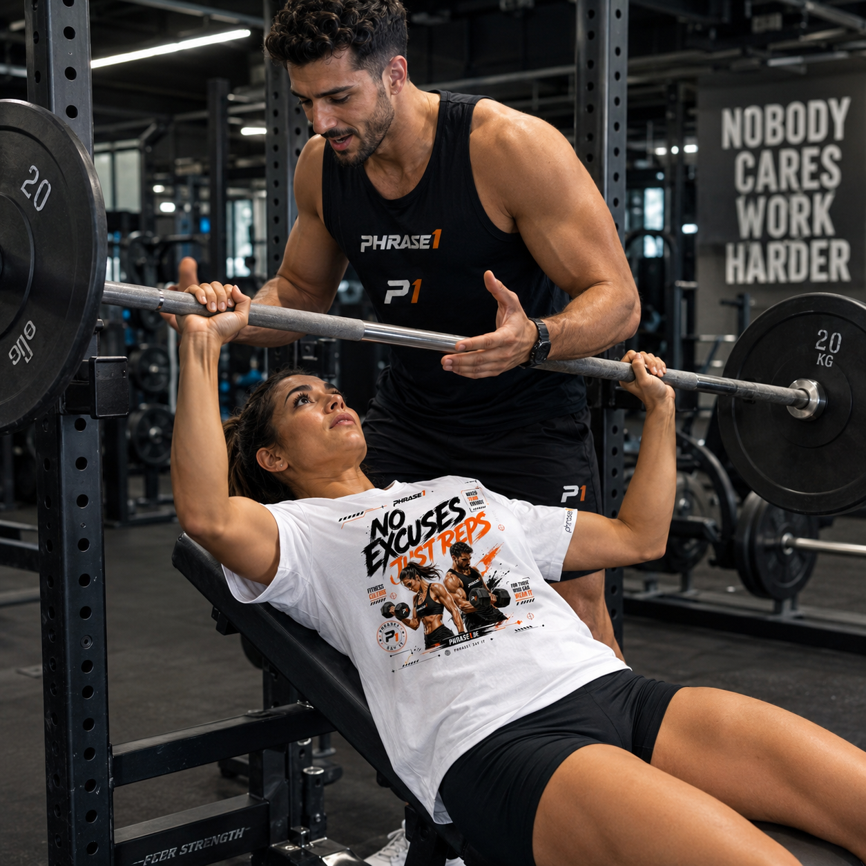 Premium T-Shirt mit Visual "NO EXCUSES JUST REPS" (Fitness Edition)